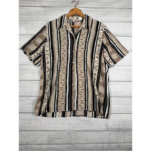 Alia Womens 12 Tan Black Geometric Stripe Short Sleeve Button Blouse 4170